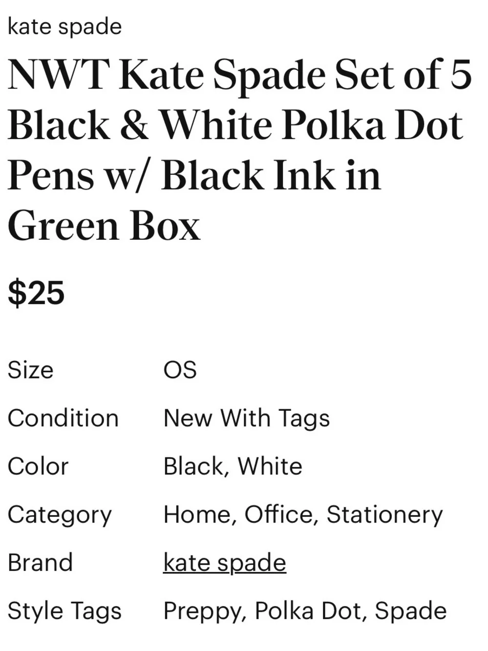 kate spade NEW YORK Black and White Polka Dot Pen Gift Set ( 5 Pens) (NWT)